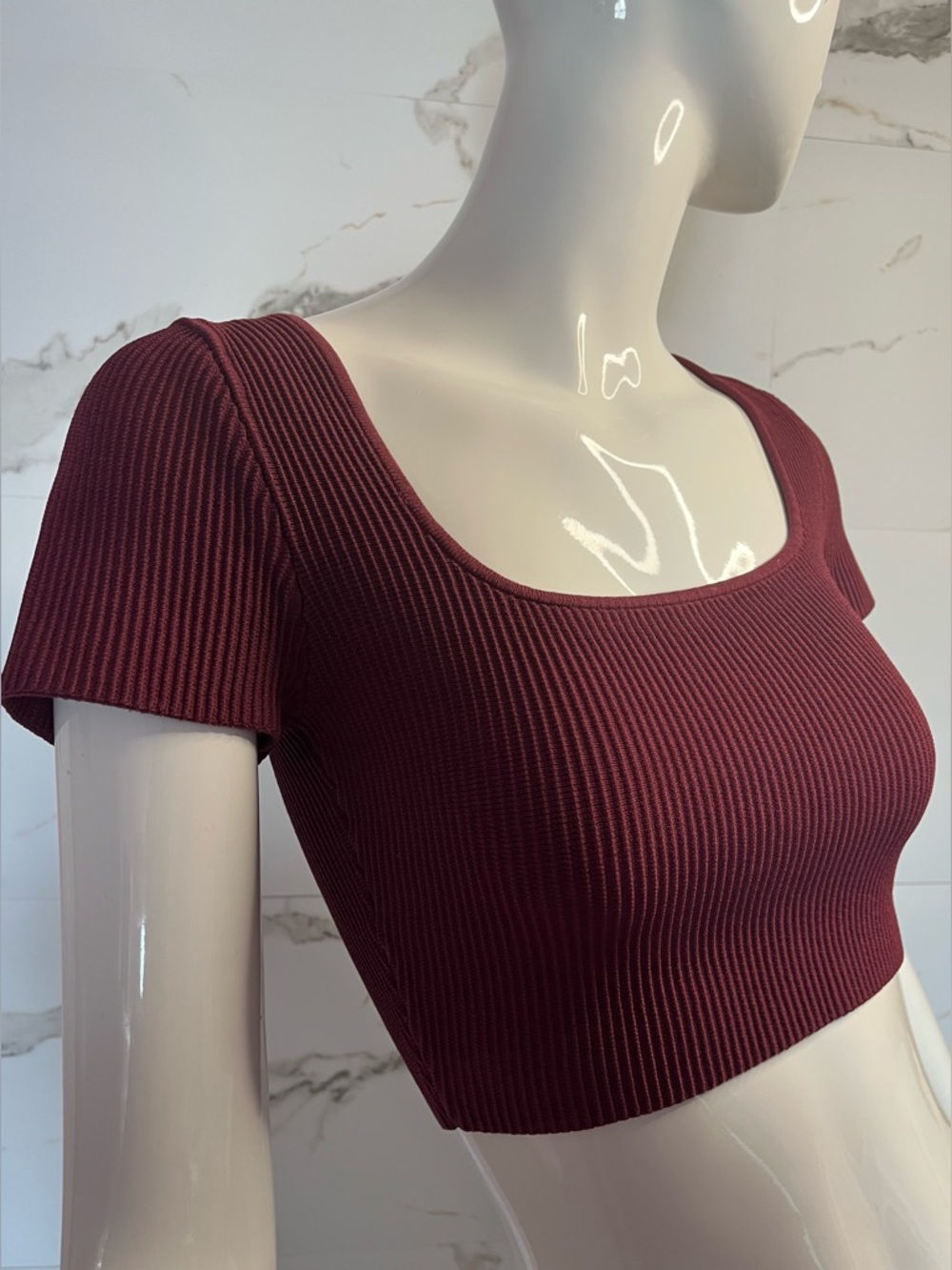 ✨ 3/$30 Babaton Aritzia Ribbed Square Neck Stretch Crop Top Red Burgundy Size M
